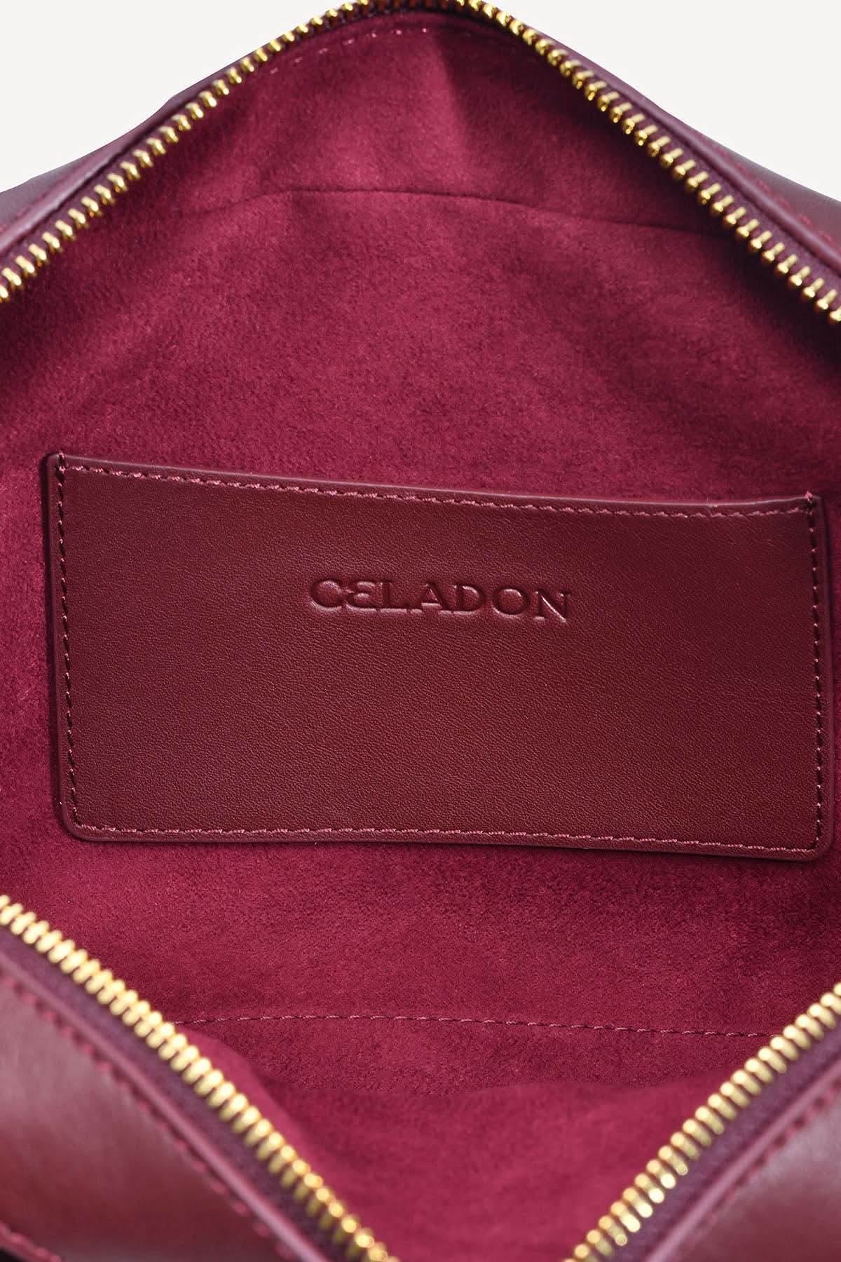 Celadon bordo minimal kadın deri omuz çantası – el işçiliği ic detay
